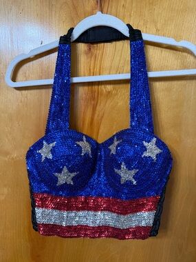 Sequin Stars & Stripes Crop Top - Blue Red White